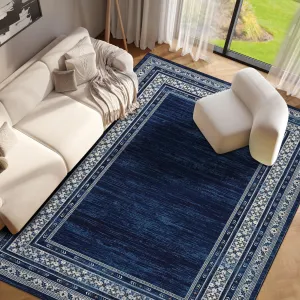 Bordered Blue 5x7 Machine Washable Area Rug – Modern Non-Slip Low-Pile Foldable Carpet for Living Room, Bedroom, Dining Room, or Home Office