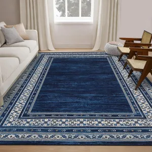 Washable Modern Area Rug 4x6 – Soft Low Pile Non-Slip Carpet, Stain Resistant Bordered Accent Rug for Living Room & Office, Blue