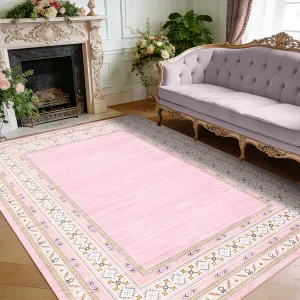 Washable Area Rug - Modern Non-Slip Low Pile Carpet, Soft & Mark Resistant Bordered Floor Mat - For Living Room, Bedroom, Nursery, Playroom - Pink, 4x6ft