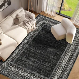Bordered Dark Grey 10x13 Washable Rug, Modern Printed Low Pile Non Slip Carpet for Nursery Living Room Dining Bedroom Office