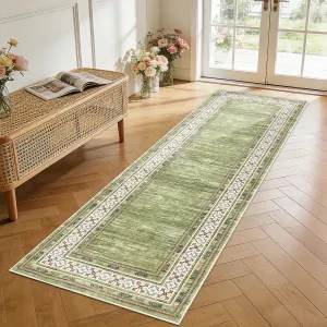 Modern Washable Runner Rug - Soft Non-Slip Low Pile Area Carpet, Mark Resistant & Durable - Ideal for Hallway, Kitchen, Bedroom - Green, 2x6ft