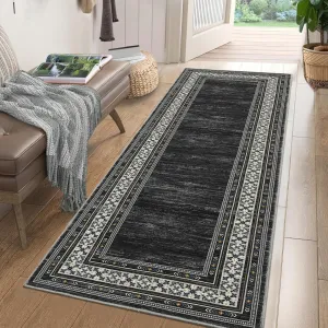 Bordered Dark Grey 2x6 Washable Runner Rug – Modern Geometric Low-Pile Non-Slip Carpet, Soft Distressed Thin Runner for Hallway, Entryway, or Kitchen