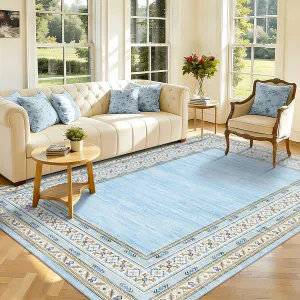 Soft Modern Area Rug - Washable Low Pile Carpet, Non-Slip & Durable, Mark Resistant - For Living Room, Bedroom, Dining Room, Nursery - Light Blue, 8x10ft