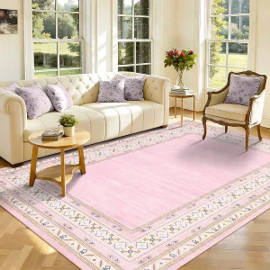 Modern Washable Area Rug - Soft Non-Slip Low Pile Carpet, Mark Resistant & Durable - Living Room, Bedroom, Nursery, Dining - Pink, 5x7ft