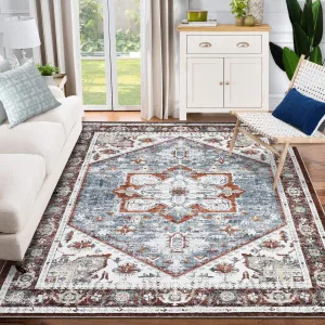 Machine Washable Vintage Farmhouse Area Rug Rust Print Distressed Design Ultra Soft Non-Slip Carpet for Living Room Bedroom Dining Room Dorm Office Home Decor