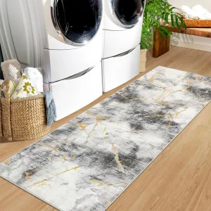 Modern Runner Rug 2x6 Washable Non Slip Carpet Runner Foldable Low Pile Marble Abstract Design Rug Ultra Soft Contemporary Rug Runner for High Traffic Areas in Entryway, Kitchen, Grey