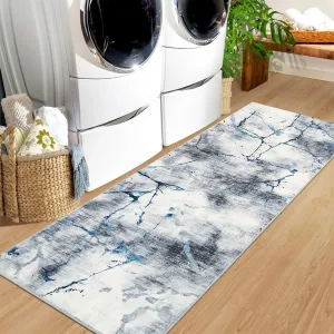 Modern Runner Rug 2x6 Washable Non Slip Carpet Runner Foldable Low Pile Marble Abstract Design Rug Ultra Soft Contemporary Rug Runner for High Traffic Areas in Entryway, Kitchen, Blue