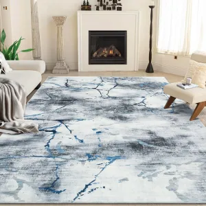Modern Abstract Area Rug 6x9 Living Room Rug Washable Anti Slip Backing Marble Design Throw Rug Foldable Ultra Soft Thin Accent Carpet for Bedroom Dining Room Office, Blue
