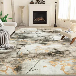 Washable Area Rug 5x7 Contemporary Abstract Rug for Bedroom with Non Slip Backing Low Pile Soft Marble Printed Floor Carpet Foldable Non-Shedding Throw Rug for Living Room Office, Brown