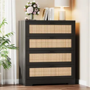 4 Drawer Dresser Rattan Dresser, Tall Chest of Drawers, Wood Dresser for Bedroom, Closet, Living Room, Hallway