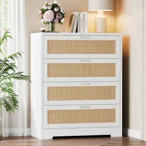 4 Drawer Dresser for Bedroom, Rattan Chest of Dressers, Modern Wood Tall Dresser with Power Outlets, Drawer Organizer Unit with Metal Handle for Living Room Closet Hallway Entryway