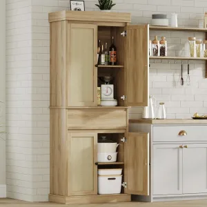 Kitchen Pantry Cabinet, Tall Storage Cabinet with Rattan Doors and Adjustable Shelves, Freestanding Cupboard with Drawer for Bathroom, Dining Room, Living Room, Natural Oak