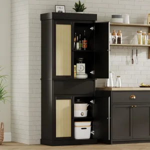 Kitchen Pantry Cabinet, Tall Storage Cabinet with Rattan Doors and Adjustable Shelves, Freestanding Cupboard with Drawer for Bathroom, Dining Room, Living Room, Black