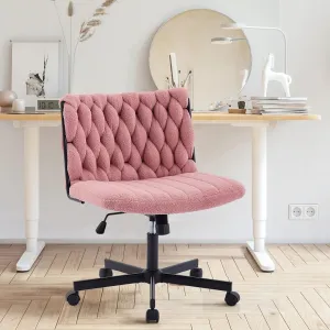 Criss Cross Chair with Wheels, Wide Seat Home Office Desk Chair, Armless Makeup Vanity Chair, Modern Cross Legged Swivel Comfy Chair, Computer Task Chair for Home Office, Pink