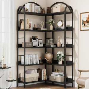 Corner Bookshelf Industrial Bookcase, L Shaped Bookshelf Arched 5 Tier Corner Shelf, Large Bookshelf with Metal Frame, Etagere Shelf Corner Display Rack for Living Room Bedroom
