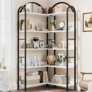 Corner Bookshelf Industrial Bookcase, L Shaped Bookshelf Arched 5 Tier Corner Shelf, Large Bookshelf with Metal Frame, Etagere Shelf Corner Display Rack for Living Room Bedroom