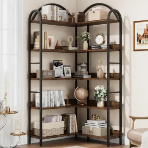 Corner Bookshelf Industrial Bookcase, L Shaped Bookshelf Arched 5 Tier Corner Shelf, Large Bookshelf with Metal Frame, Etagere Shelf Corner Display Rack for Living Room Bedroom