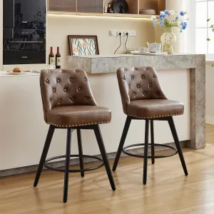 Counter Height Bar Stools Set of 2, Modern Swivel Bar Stools with Back and Wood Legs, 26" H Seat Height Upholstered Barstools Bar Chair for Kitchen Island Home Bar, Leather Brown