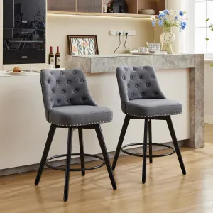 Counter Height Bar Stools Set of 2, Modern Swivel Bar Stools with Back and Wood Legs, 26" H Seat Height Upholstered Barstools Bar Chair for Kitchen Island Home Bar, Linen Fabric Gray