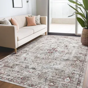 Modern Vintage Brown 9x12 Washable Rug, Non Slip Oriental Distressed Low Pile Carpet for Living Room, Office, Bedroom