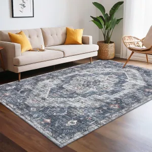 Washable Vintage Living Room Rugs 9x12 Blue Non-Slip Stain-Resistant Indoor Floor Carpet