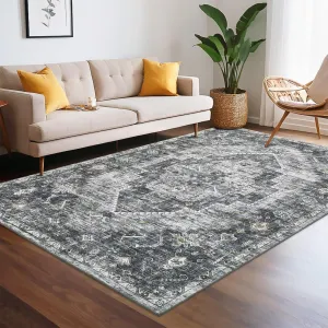 Modern Grey 10x13 Washable Rug, Distressed Vintage Farmhouse Low Pile Non Slip Soft Carpet for Living Room, Bedroom, Office, Nursery