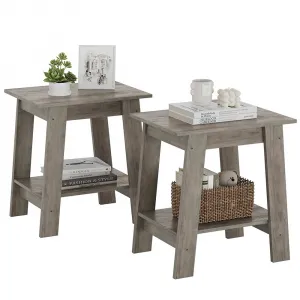 End Table, Small Side Table, Set of 2 Nightstand with 2-Tier Storage Shelf, Wood Bedside Table, Narrow Side Table Living Room, Side Table for Small Spaces, Bedroom, Entryway, Gray