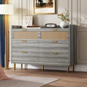 6 Drawer Rattan Dresser, Narrow Wicker Chest of Drawer with Railed Edge, Metal Legs, Gold Handles, Farmhouse Wooden Storage Dresser for Bedroom, Living Room