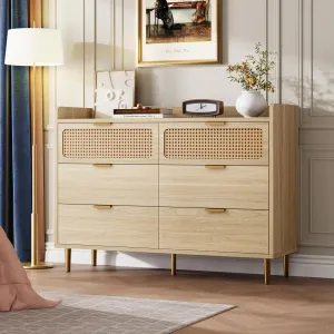 6 Drawer Rattan Dresser, Narrow Wicker Chest of Drawer with Railed Edge, Metal Legs, Gold Handles, Farmhouse Wooden Storage Dresser for Bedroom, Nursery, Light Oak