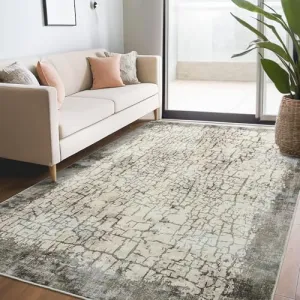 Modern Farmhouse Large Rug 8x10 Washable Indoor Area Rug Low Pile Non Slip Distressed Floor Cover Ultra Soft Non-Shedding Aesthetic Carpet for Living Room Bedroom Nursery, Camel