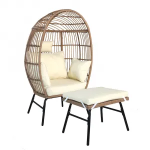 Wicker Egg Chair with Ottoman, Comfy Egg Rattan Chair Egg Basket Lounge Chair with Thick Cusion for Indoor Outdoor Patio Porch Backyard, Beige
