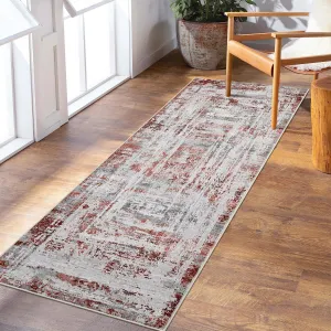 Runner Area Rug 2x6 Abstract Distressed Red/Grey Multi Print Non-Slip Washable Rug Bedroom Thin Rug Colorful Overdyed Mat Kitchen Rug Contemporary Carpet Living Room Area Rug