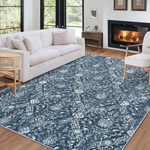 Washable Rug 10x13 Large Vintage Medallion Area Rugs with Non-Slip Backing Soft Stain Resistant Non-Shedding Low-Pile Floor Carpet for Living Room Bedroom Kitchen Home Office,Navy