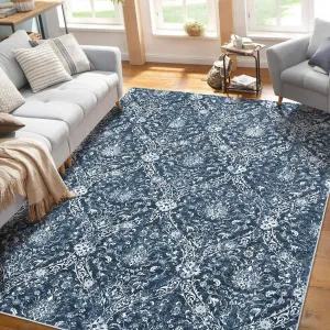 5x7 Area Rugs - Machine Washable Area Rug for Living Room, Soft Vintage Rugs 5x7, Non-Slip Area Rug, Stain Resistant Low Pile Thin Washable Rug 5x7 Navy