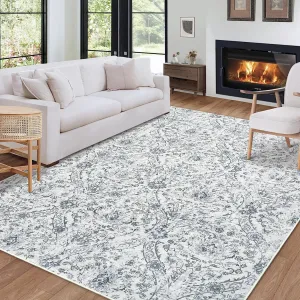 Washable Rug Grey/Beige 10x13 Large Vintage Medallion Area Rugs with Non-Slip Backing Soft Stain Resistant Non-Shedding Low-Pile Floor Carpet for Living Room Bedroom Kitchen Home Office