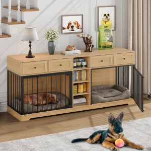 82” Large Dog Crate for 2 Dogs, Dog Kennel Indoor with 4 Drawers and Shelves, Double Dog Crate Furniture TV Stand, Wooden Dog Cage for Medium Large Dogs, Natural