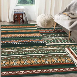 Green Multi 9x12 Area Rug Washable Rugs for Living Room Distressed Vintage Area Rug for Bedroom Tribal Geometric Patchwork Office Carpet Low Pile Neutral Soft Nursery Rug