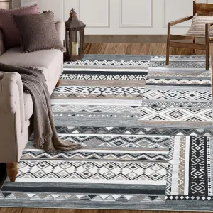 Washable Rugs Distressed Vintage Tribal Geometric Area Rug for Living Room Bedroom Office Nursery Low Pile Neutral Soft Patchwork Rug Non Slip Farmhouse Floor Cover Grey 9'x12'