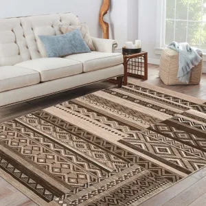5x7 Area Rug Distressed Vintage Rug, Machine Washable Rug Non-Slip Stain Resistant Rug for Dining Room Bedroom, Tribal Farmhouse Neutral Rug Geometric Rug, Brown