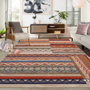 9x12 Area Rug for Living Room Washable Rug Tribal Farmhouse Neutral Rug Geometric Rug Soft Non-Slip Low Pile Stain Resistant Rug for Dining Room Bedroom Multi Color