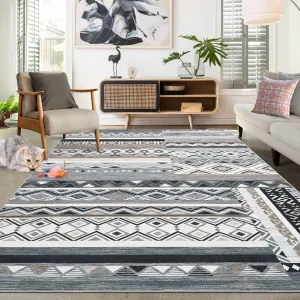 Washable Rugs Distressed Vintage Tribal Geometric Area Rug for Living Room Bedroom Office Nursery Low Pile Neutral Soft Patchwork Rug Non Slip Farmhouse Floor Cover Grey 4'x6'
