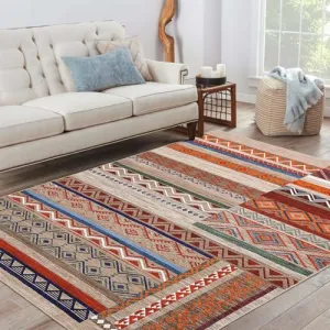 Area Rug 6x9 Southwestern Washable Rugs for Living Room Distressed Vintage Area Rug for Bedroom Xmas Geometric Patchwork Office Carpet Low Pile Neutral Soft Nursery Rug Multi Color
