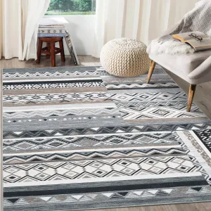 10x13 Area Rug for Living Room Washable Rug Tribal Farmhouse Neutral Rug Geometric Rug Soft Non-Slip Low Pile Stain Resistant Rug for Dining Room Bedroom Grey/Black
