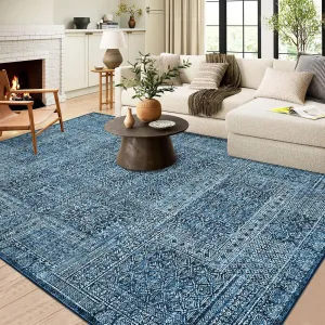 8x10 Area Rug Washable, Soft Low Pile Vintage Patchwork Large Area Rug Non-Slip Indoor Floor Carpet for Living Room Bedroom Dining Room, Navy Blue
