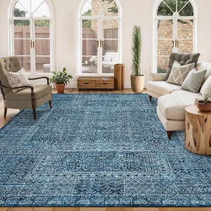 Area Rug 9x12 Washable, Soft Low Pile Vintage Patchwork Large Area Rug Non-Slip Indoor Floor Carpet for Living Room Bedroom Dining Room, Navy Blue