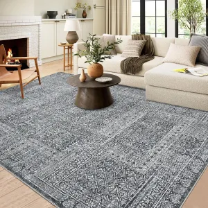 Washable Area Rug 8x10, Soft Low Pile Vintage Patchwork Large Area Rug Non-Slip Indoor Floor Carpet for Living Room Bedroom Dining Room, Grey