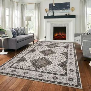 Washable Rug 9x12 Rug Oriental Floral Living Room Rug Non-Slip Backing Low Pile Floor Cover Indoor Soft Vintage Rug Retro Distressed Throw Rugs Foldable Thin Rug for Bedroom Dining Room Brown