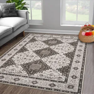 Machine Washable Area Rugs 5x7 Vintage Printed Floor Carpet with Non-Slip Backing, Soft Low Pile Area Rugs, Oriental Accent Carpet for Entryway, Laundry, Kitchen, Brown