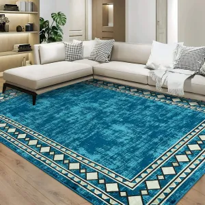 Bordered Blue-Green 5x7 Area Machine Washable Rug Modern Bordered Carpet Rug Stain Resistant Non-Slip Accent Rug Minimalist Border Table Rug Farmhouse Floor Cover for Dining Office Bedroom