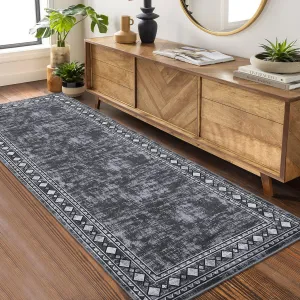 Bordered Grey 2x6 Washable Modern Geometric Area Rug for Living Room Bedroom - Low Pile, Non-Slip, Soft Polyester - Distressed Minimalist Design - Cozy, Durable, Machine Washable